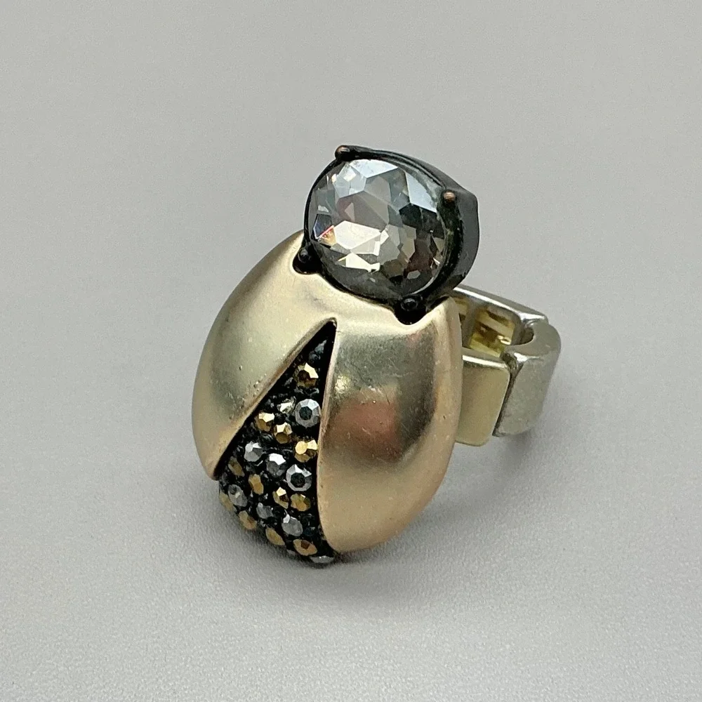 Chico's Stretch Ring Ladybug Black Crystal Gold Tone Statement Adjustable